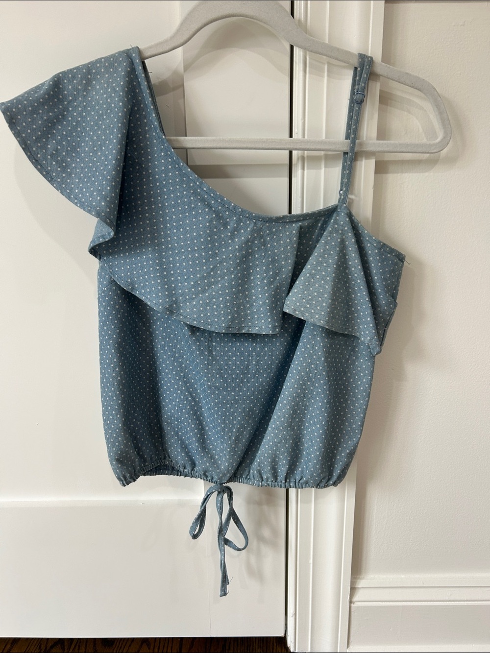 J.O.A. One-Shoulder Ruffle Dot Crop Top - Light Blue